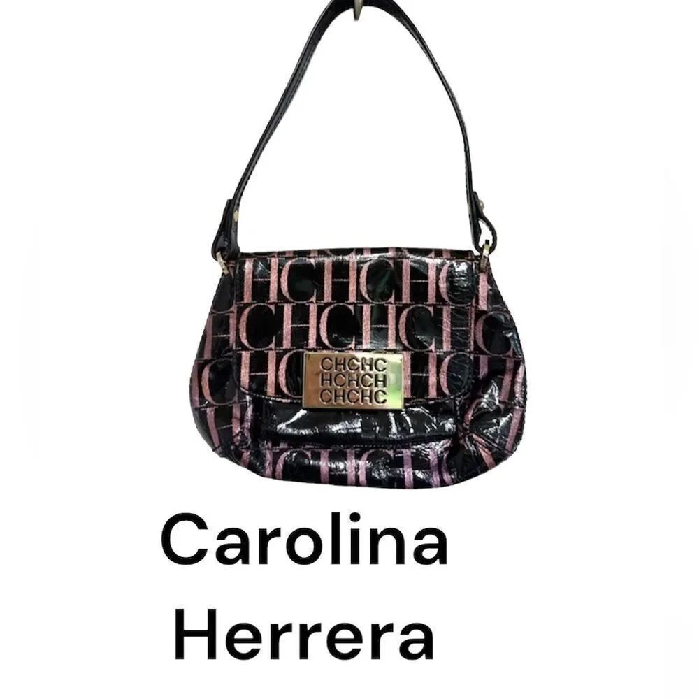 Carolina Herrera CH Monogram Black Pink Patent Leather Small Shoulder Bag Purse
